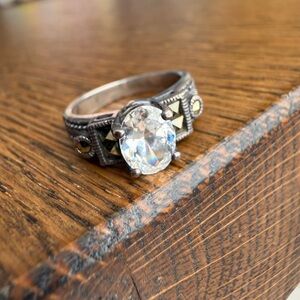 Ornate Silver, Marcasite, and Crystal Women's Ring